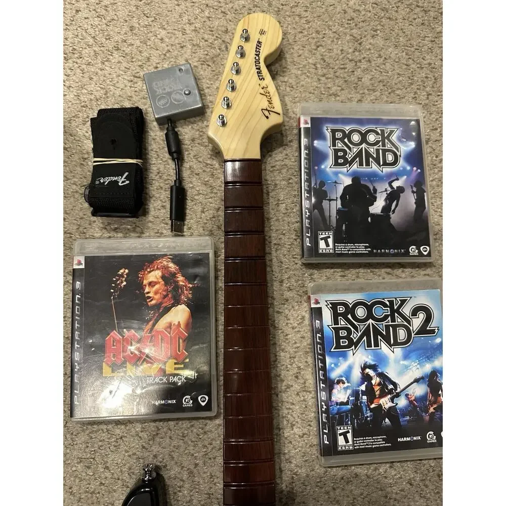 PlayStation 3 PS3 Rock Band Sunburst Wireless Guitar W Dongle 3 Games Rockband